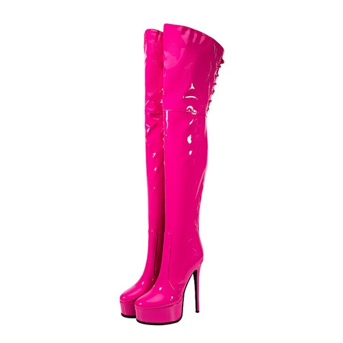 Damen Sexy Runde Spitze Plateau Leder Schmal Hochhack Overknee Hohe Stiefel - Bild 25 von 26