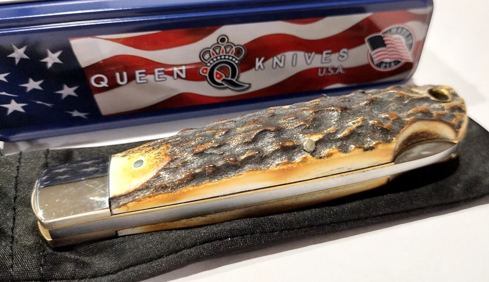 Cuchillo de bolsillo plegable Queen USA marrón quemado cuerno de ciervo asas bloqueo QGSH106 Foto 4 de 4