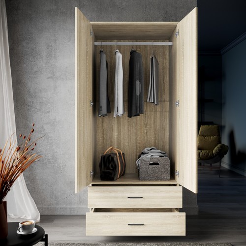 2 Door 2 Drawer High Quality Cupboard 180cm Oak Multi-purpose Wardrobes - Picture 6 of 17