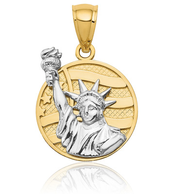 14K massives zweifarbiges Gold Medium Lady Liberty amerikanische Flagge Scheibe Medaille Anhänger
