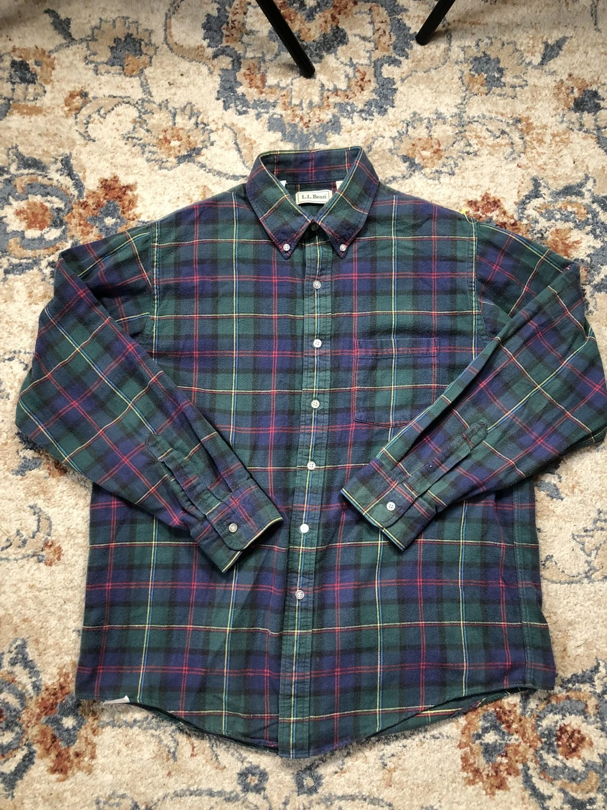 LL Bean Shirt Mens Large Green Blue Plaid Flannel Button Down Outdoor Classic