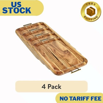 (4 pack) Acacia Wood Rectangle Tray with Gold Color Handles, One Size