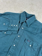 VNTG Wrangler X-Long Tails Teal Pearl Snap Button Down Shirt Brushpopper 16x34