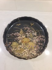 Tenmoku-Kiku Dish Shibata Scalloped Edges Dragonflies Black Porcelain Vintage
