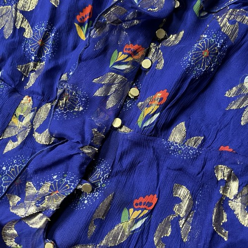 Sezane Midikleid Seide Blumen Knopfleiste Langarm Blau Metallic Damen 36 - Bild 10 von 24