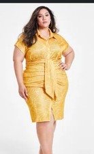 đź©· Nina Parker Trendy Plus Size Tie-Front Ruched Shirt dress golden palms Sz 2x