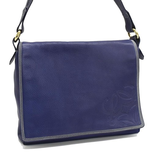 LOEWE Anagram Navy Leather Shoulder Bag Gold Hardware Women Auth
