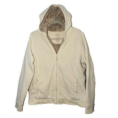 LLBean Thick Sherpa Lined Full Zip Pocket Hoodie Misses Large Ivory Outdoors Y2K