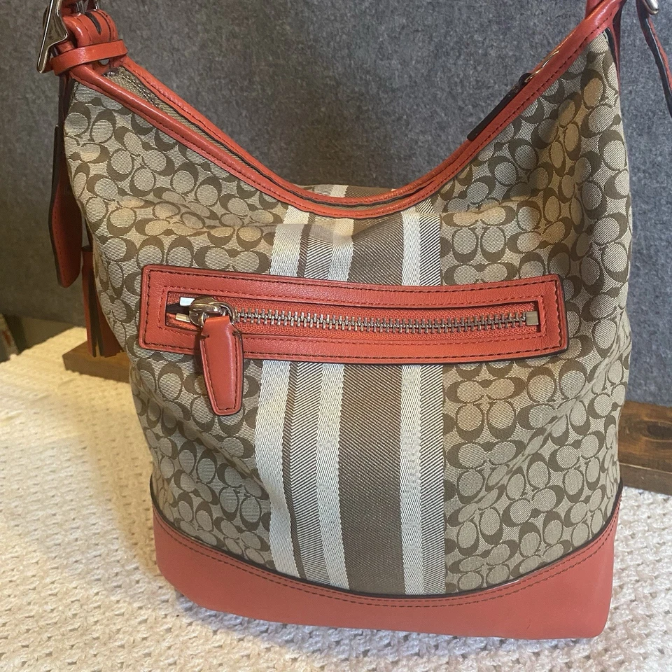 Bolso Coach New York Legacy vintage de lona de cuero a rayas rosa coral Foto 2 de 4