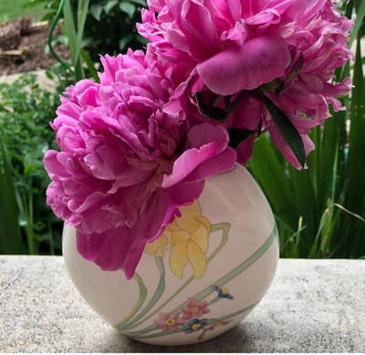 Vintage Floral ArtDeco-Style Oval Round Skinny Flat Flower Vase 80s daffodil 6''
