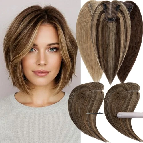 100% Remy Human Hair Topper Toupee Clip in Top Hairpiece Side/Middle/Free Part