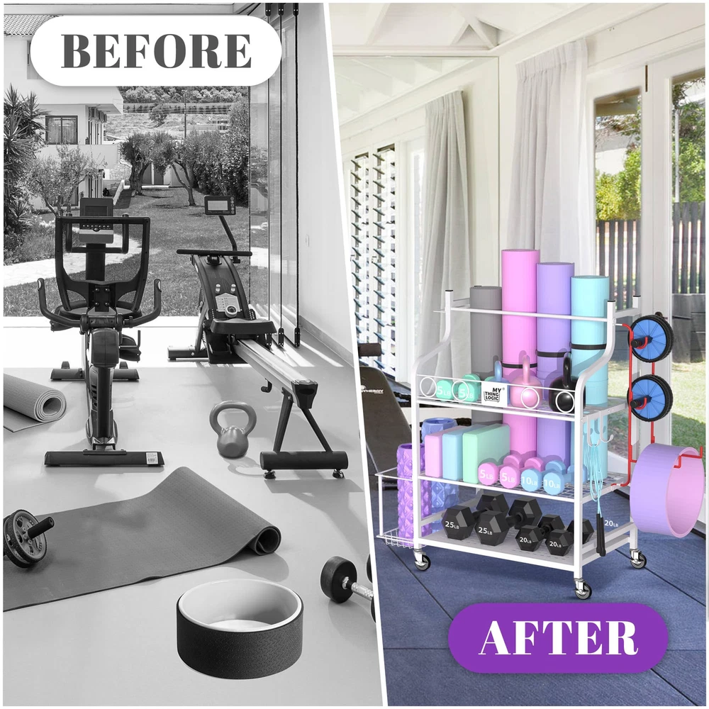 Space-Saving Yoga Mat and Home Gym Storage Rack for Dumbbells Kettlebells Foam Rollers Space-Saving Yoga Mat and Home Gym Storage Rack for Dumbbells Kettlebells Foam Rollers