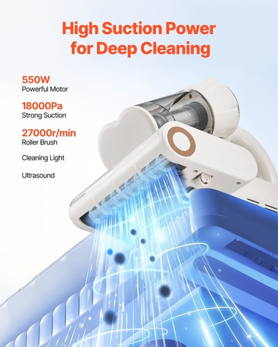 VEVOR Aspiradora de Colchones Potente Succión 18 kPa Filtro HEPA 550 W, Blanco - Imagen 2 de 12