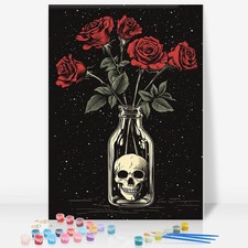 Framed Paint by Numbers Kit for Adults Beginner, Skull and Roses Easy Paint b...