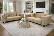 Luxury | Bella 3+2 Sofa| Fixed Back | Mink Velvet | Gold Trims | With Cushions