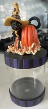 See's Candies Halloween Candy Container Jar Pumpkin & Black Cat Collectible