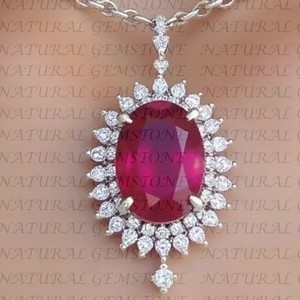 Authentic 8.50Carat Oval Shape Natural Red Ruby and Diamond Pendant 18K White Gold Plated