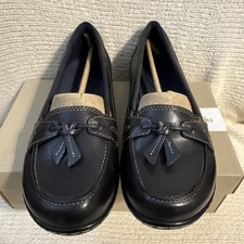 Clarks Ashland Bubble Navy Leather Tassel Loafers Cushion Soft Shoes 7 XW New