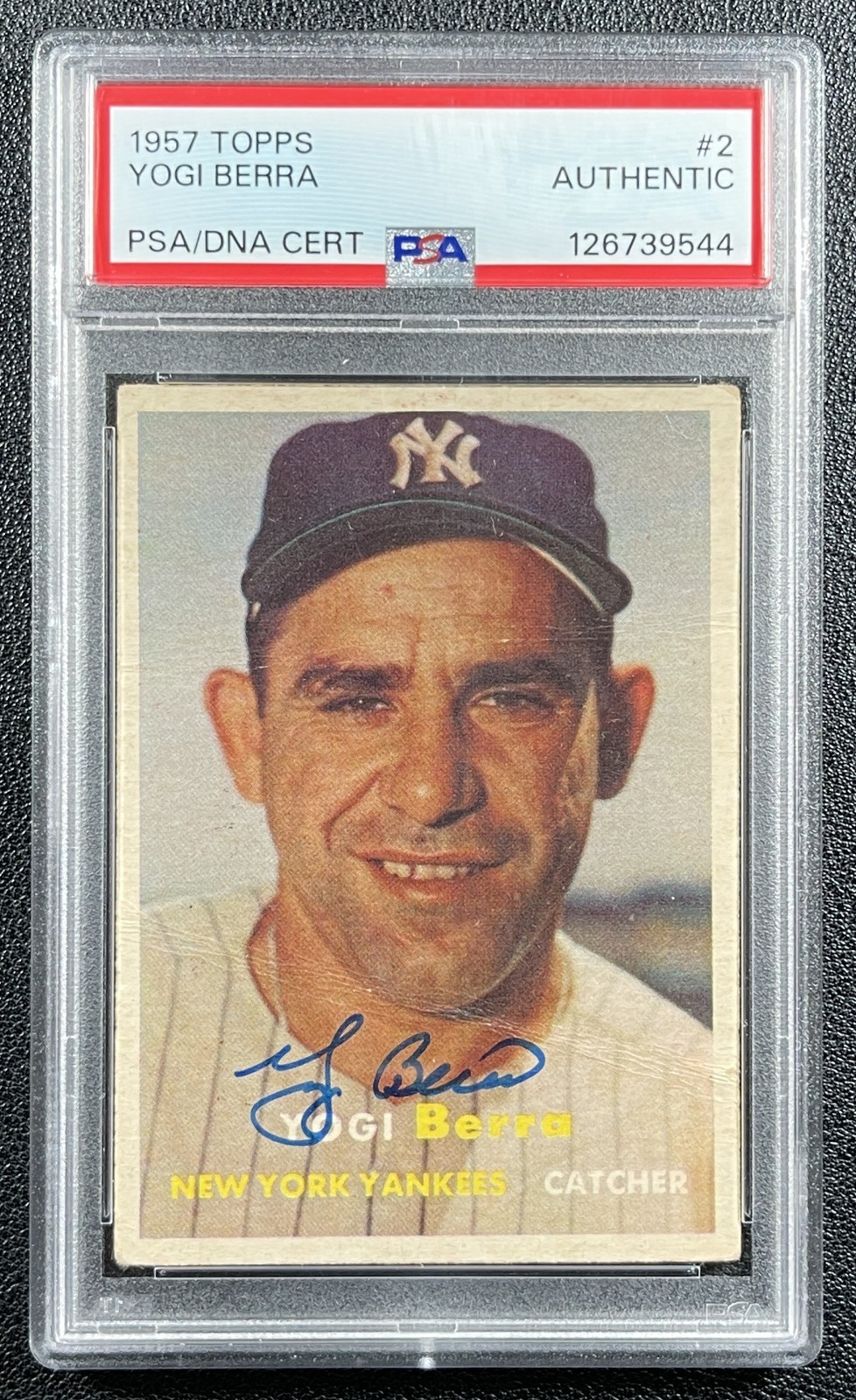 YOGI BERRA PSA DNA AUTH 1957 TOPPS #2 AUTOGRAPH AUTO YANKEES 9544 view 1