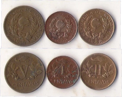 COLOMBIA. 1, 2 and 5 CENTS: 1950, 1948 AND 1953