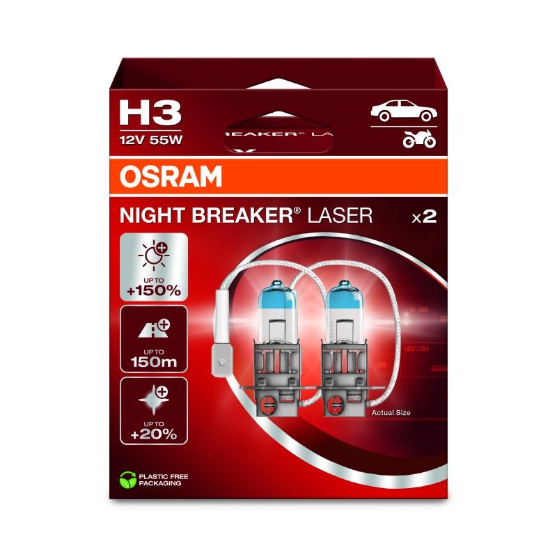 Ampoule H3 Osram Night Breaker Laser halogène 12V 55W pour phare auto, pack de 2