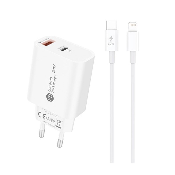20-W-Usb-A/Usb-C-WandladegeräT Mit 1 M Usb-C-Kabel - Iphone Lightning - Weiß-image