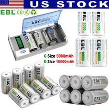 EBL C D Size NI-MH Rechargeable Batteries Pack 1.2V,Optional  Charger LOT