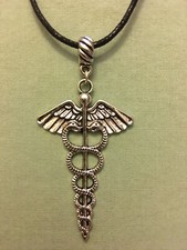 CADUCEUS NECKLACE - Pewter on 18 Black Faux Leather Cord MEDICAL NURSE DOCTOR