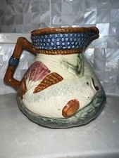 Antique Majolica Fish Fishing Jug Small Pitcher Creamer Marked Shorter England