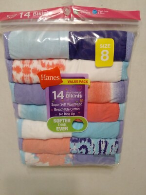 Hanes Girls Value Pack 14 Pair Bikini Underwear Tagless Size 8 Bright Colors