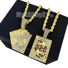Cubic Zirconia Iced Gold Plated Alloy Poker Card Pendant 24" Rope Chain Necklace