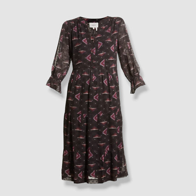 $375 Ba&sh Women's Black Calliope Printed Tiered Midi Dress Size 1/S