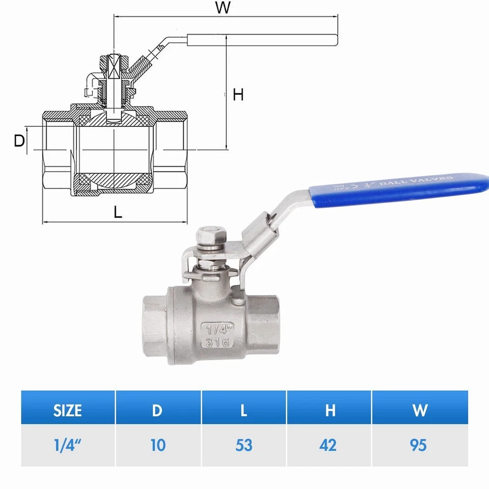 2-Piece 1/4" Ball Valve Full Port,316 Stainless Steel, 1000 WOG for Water,2PACK - Image 2 of 4