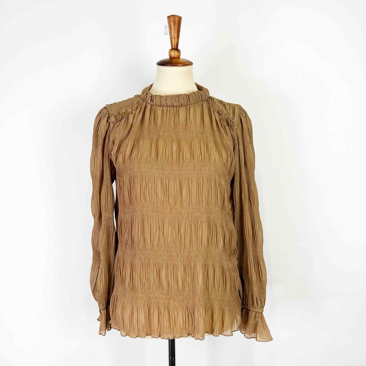 Sheer crinkle long sleeve high neck blouse tan beige neutral nude 