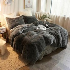 DUVET COVER Plush Shaggy Faux Fur Velvet Bedding Zipper Queen Dark Gray XEGE