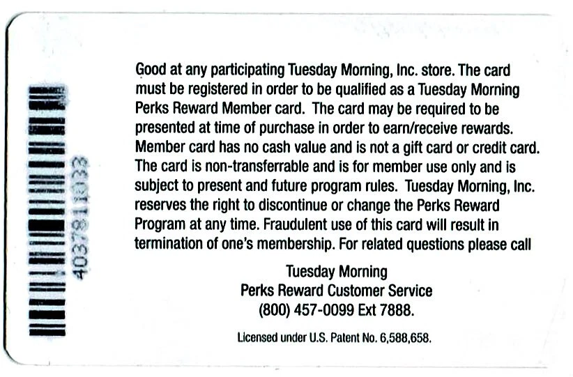 Tuesday Morning Store Perks Reward Card - No Value - Out of Business (971) - Image 2 of 2