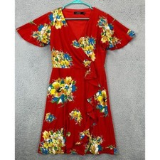 Lauren Ralph Lauren Dress Womens 4 Red Floral Ruffle Trim Wrap Jersey Ladies