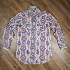 Vintage Lee Western Pearl Snap Shirt Mens 15.5x35 White Floral Print 70s USA