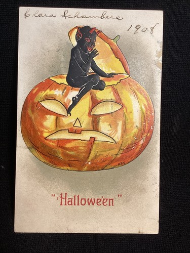 Vintage Halloween Postkarte 1908 schwarzer Teufel Krampus geprägt Jack-o’-Laterne HBG