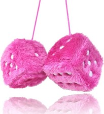 Fuzzy Plush Dice for Car Mirror, Pair of Retro 3  Pink with White