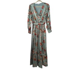 Baltic Born Large Light Sage Green Red Floral Satin Wrap Maxi Dress Gown