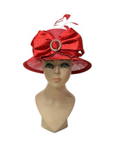 Something Special Red Sinamay Straw Church Hat Bow Rhinestone Brooch Feathers De