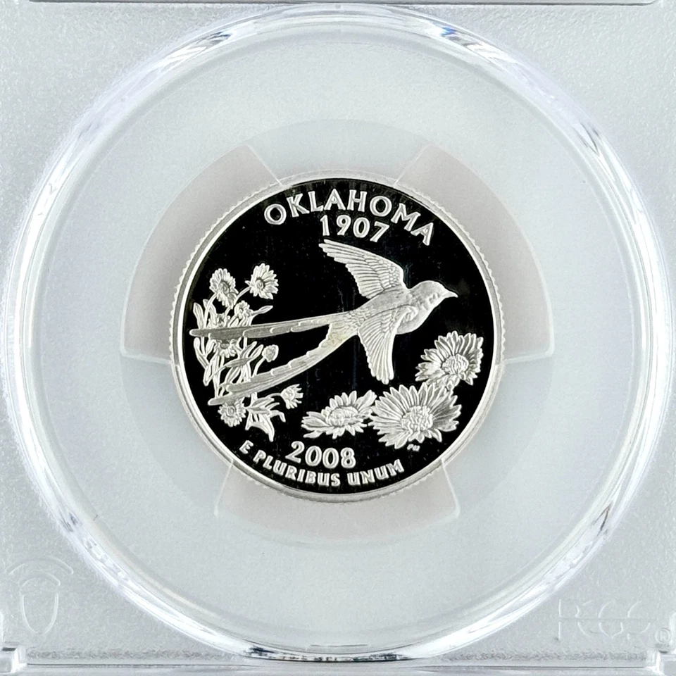 Cuarto de plata Oklahoma PR 70 DCAM PCGS 2008 S grado superior 25c OK bandera estatal Foto 3 de 4