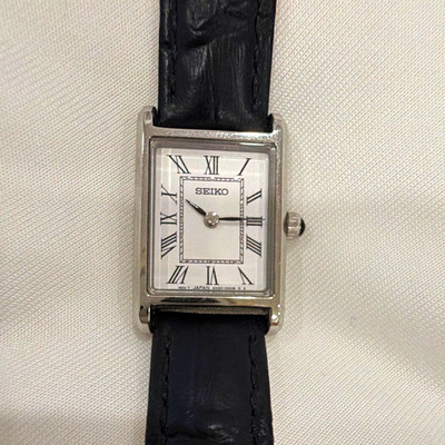Seiko Women's SWR053P1 Quartz Rectangle Watch, White Roman Dial, Black Leather