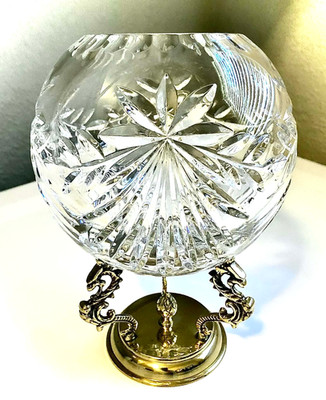 2 pc Crystal Clear Industries Atrium Hand Cut Crystal 6'' Rose Bowl & Brass Stand