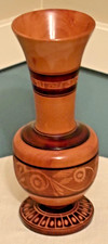 Beautiful 8.5" Tall Turned Wood Wooden Vase w/ Burned Floral Design Pyrography
