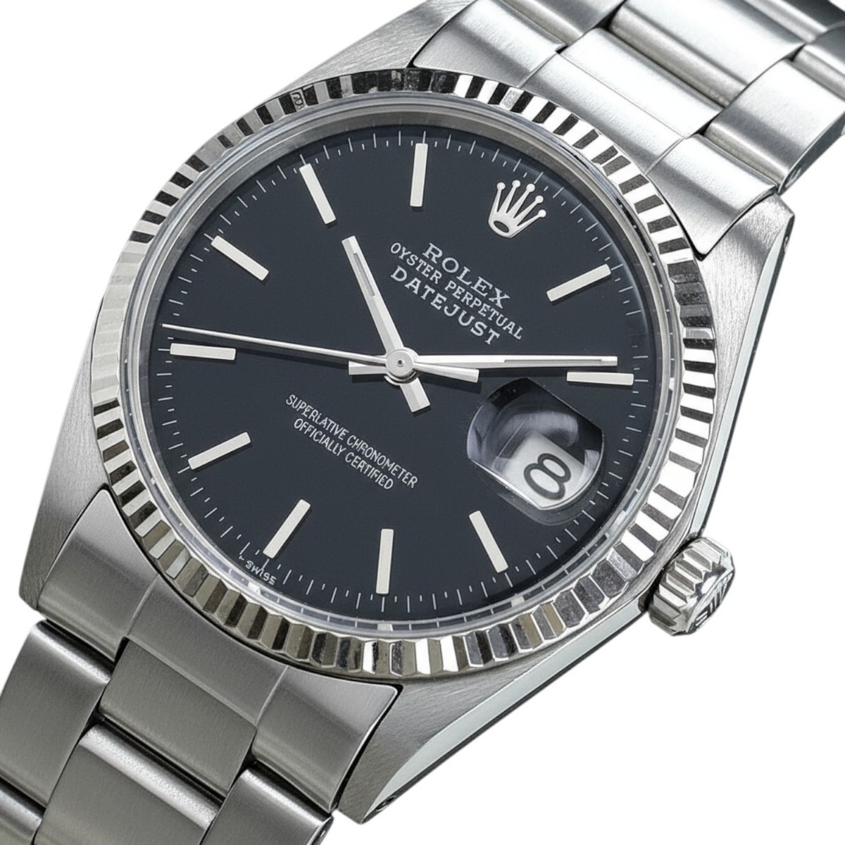 Rolex Mens Datejust SS Black Index Dial Fluted Oyster Band 36mm