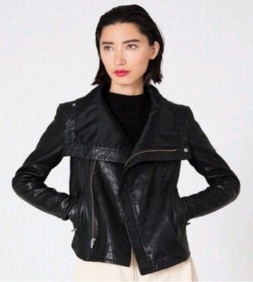 Veda Dallas Leather Moto Jacket Black Stretchy Sleeve Panel Biker Funnel Neck SM