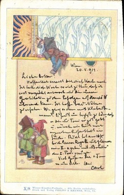 Enfant measuring temperature - illustration - Viennese artist postcard, X/8,