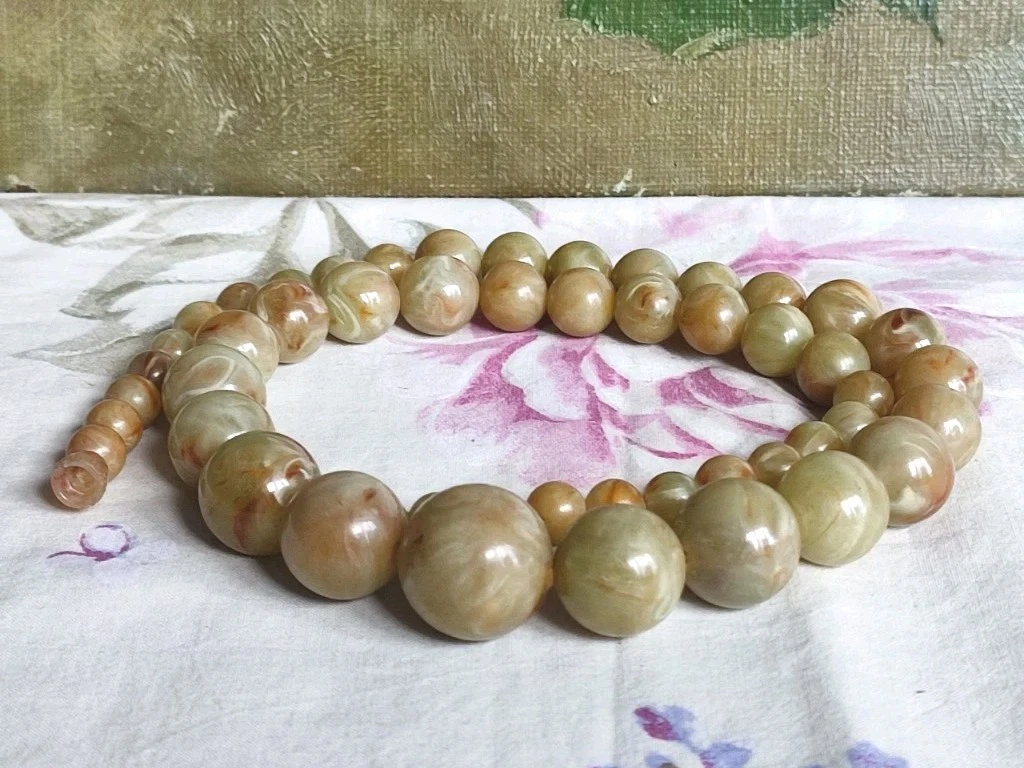 Collier Perles Vintage En Bakélite ? - Fantaisie Style Marbre - Très Bon état